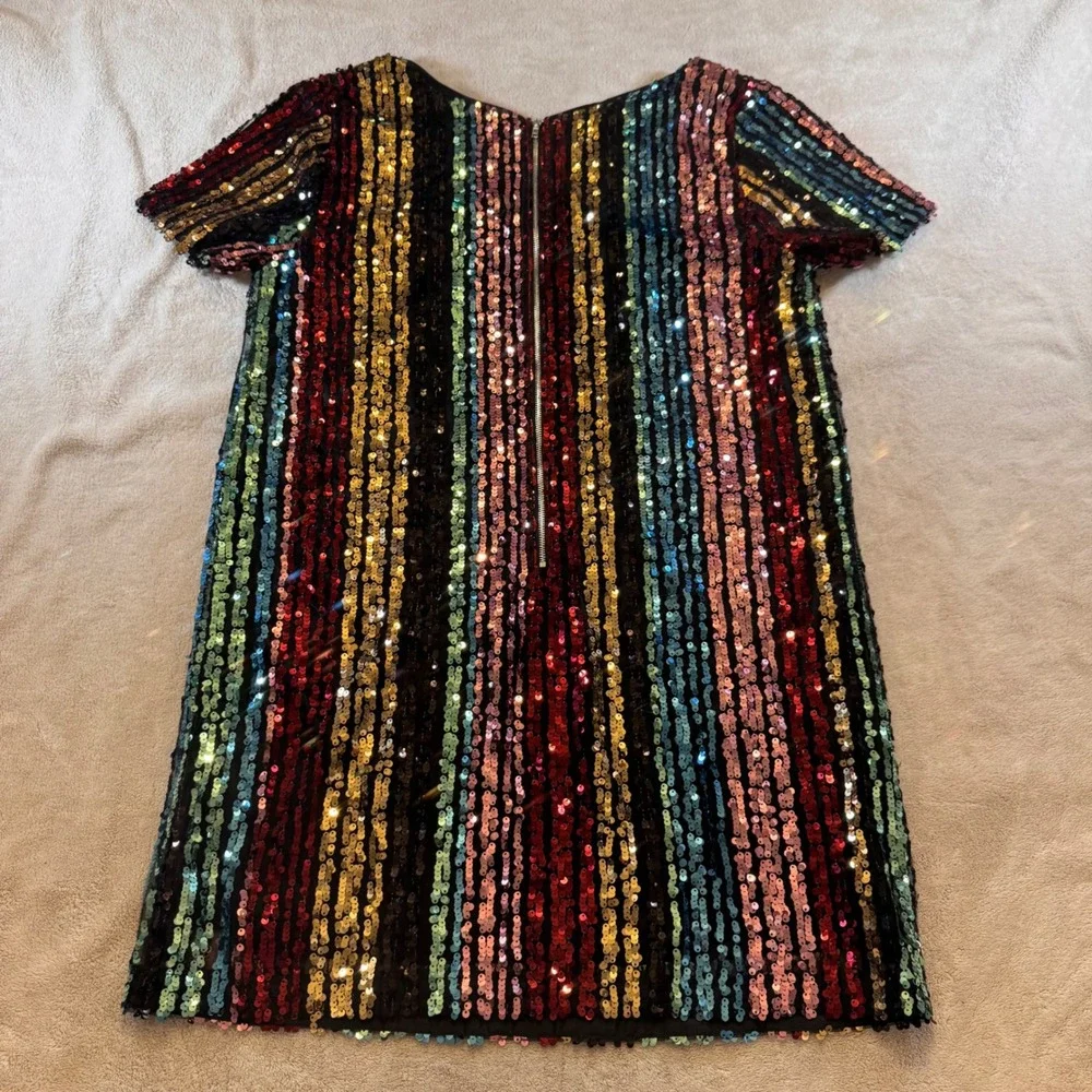 Chic Disco Rainbow Glam Sequin Mini Dress Party NYE Cocktail Stripe Retro Sz L